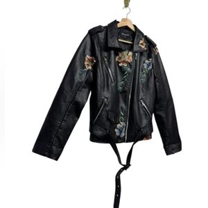 Floral Embroidered Black Faux Jacket